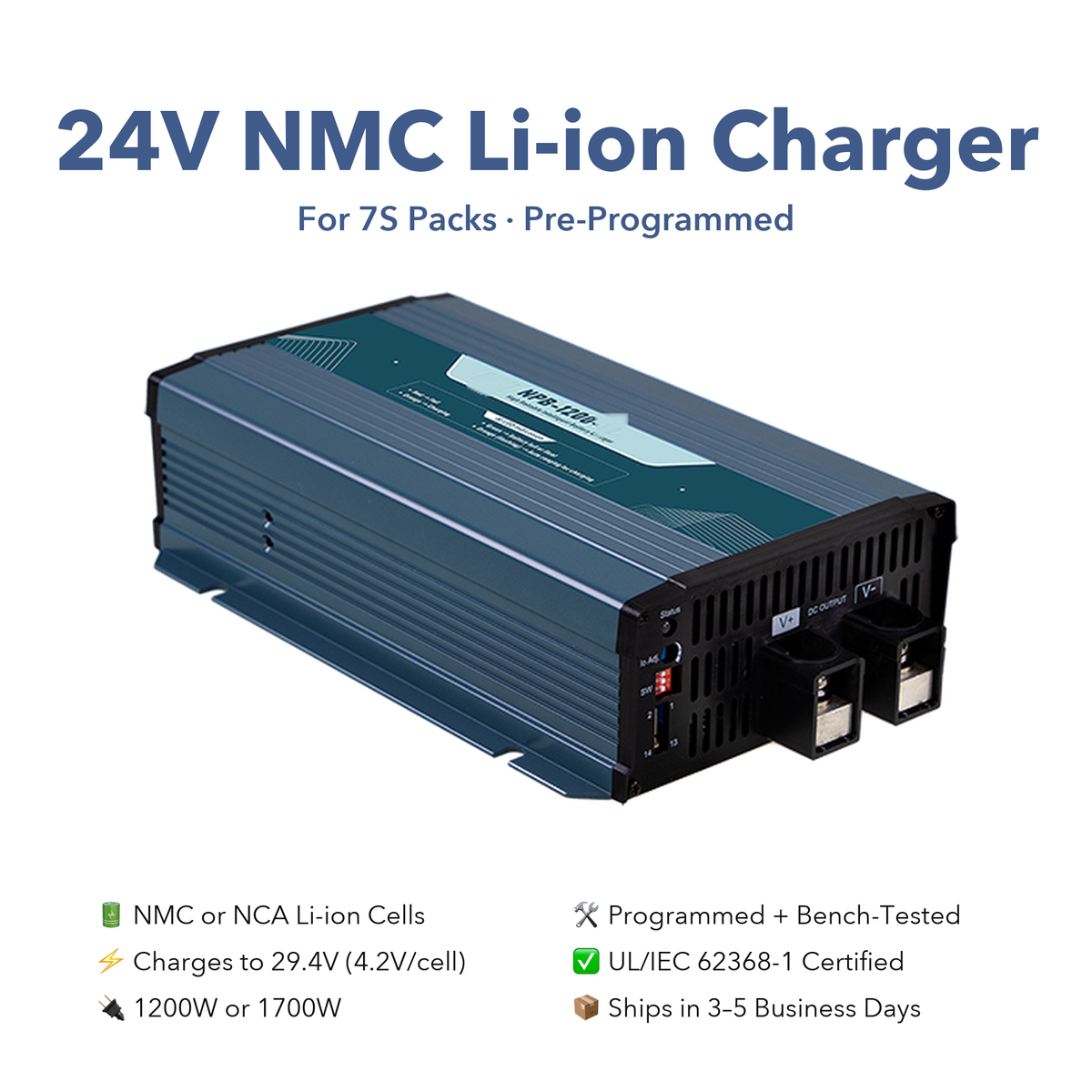 24V Li-ion NMC / NCA Battery Charger for 7S Packs, 29.4V, 1200W–1700W, Pre-Programmed