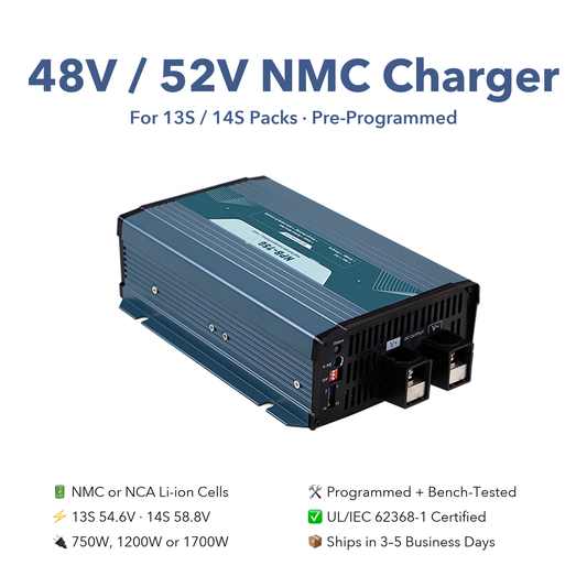 48V / 52V Li-ion NMC / NCA Battery Charger for 13S / 14S Packs, 54.6V / 58.8V, Pre-Programmed