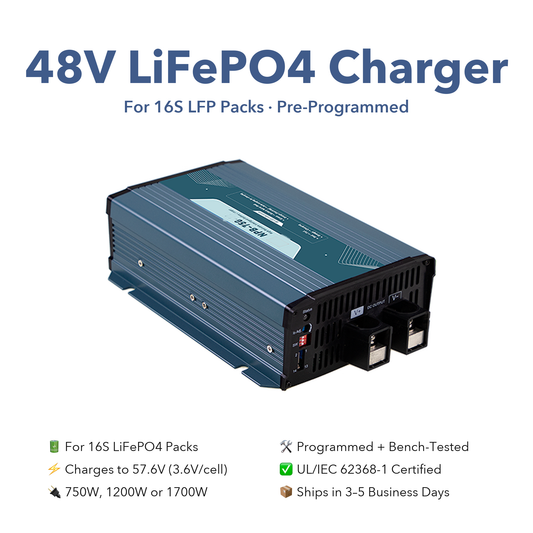 48V LiFePO4 Battery Charger for 16S LFP Packs, 57.6V, 750W–1700W, Pre-Programmed