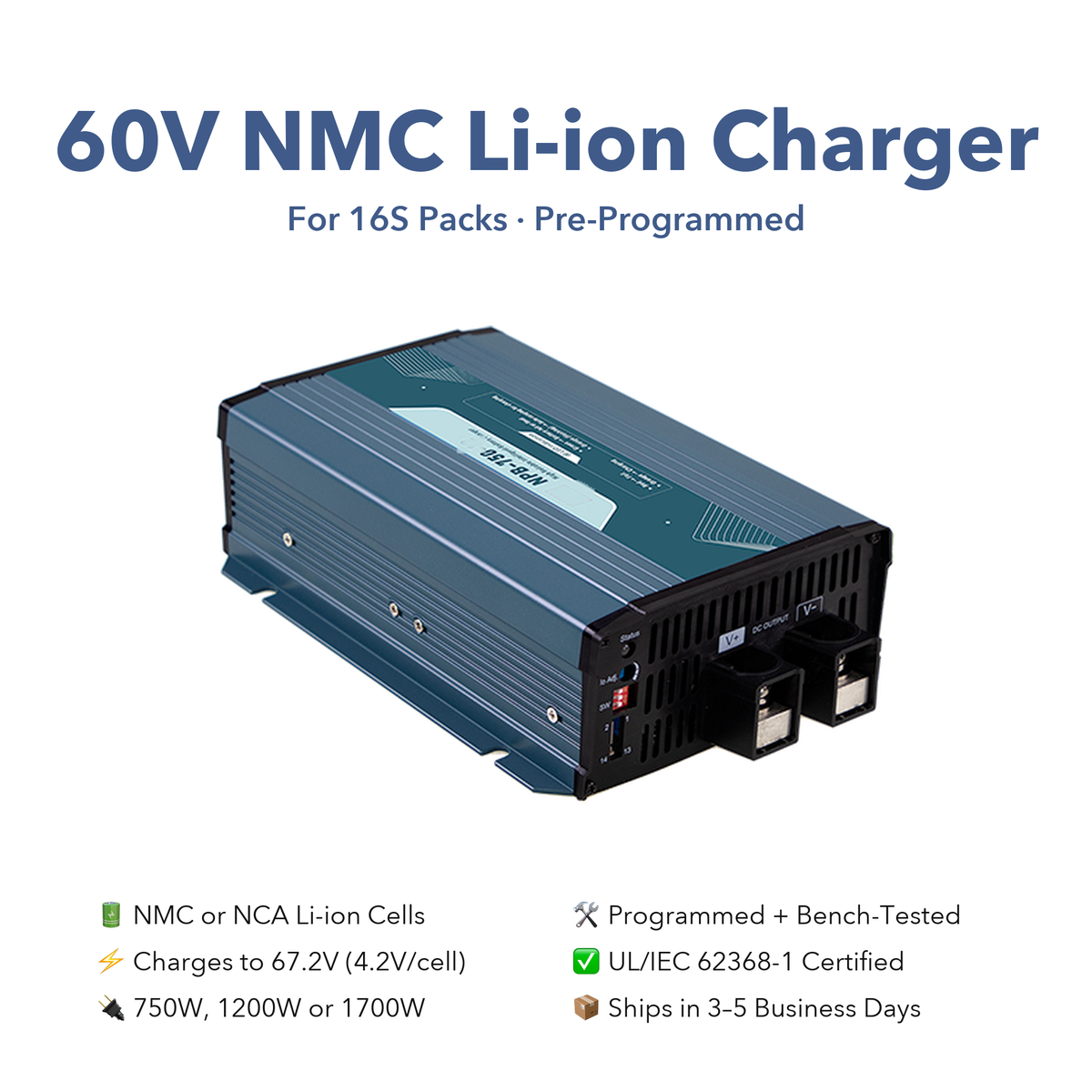 60V Li-ion NMC / NCA Battery Charger for 16S Packs, 67.2V, E-Bike / Trike / Scooter
