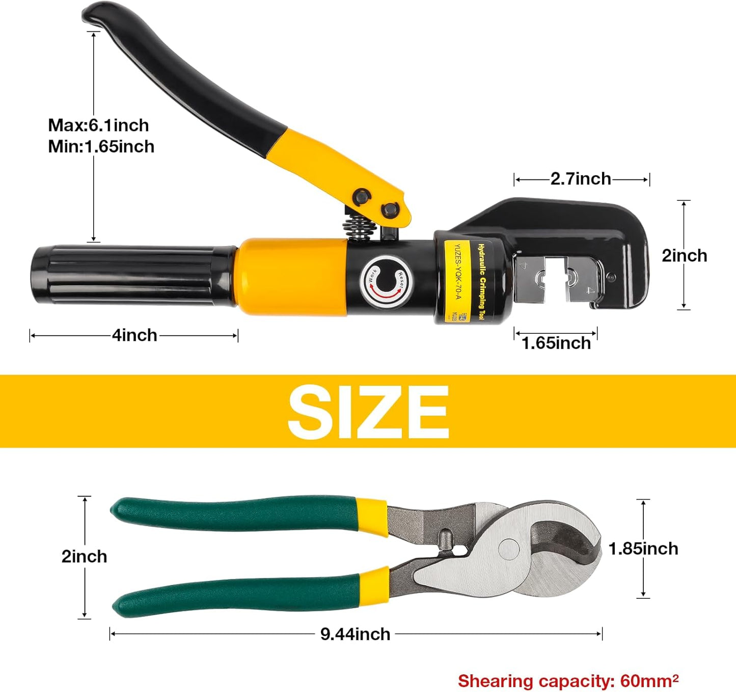 Hydraulic Cable Lug Crimper 10 Ton & Cutter Kit with 9 Dies, 12 AWG to 2/0