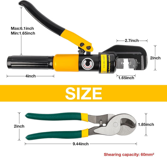 Hydraulic Cable Lug Crimper 10 Ton & Cutter Kit with 9 Dies, 12 AWG to 2/0