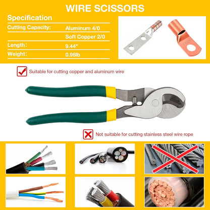 Hydraulic Cable Lug Crimper 10 Ton & Cutter Kit with 9 Dies, 12 AWG to 2/0