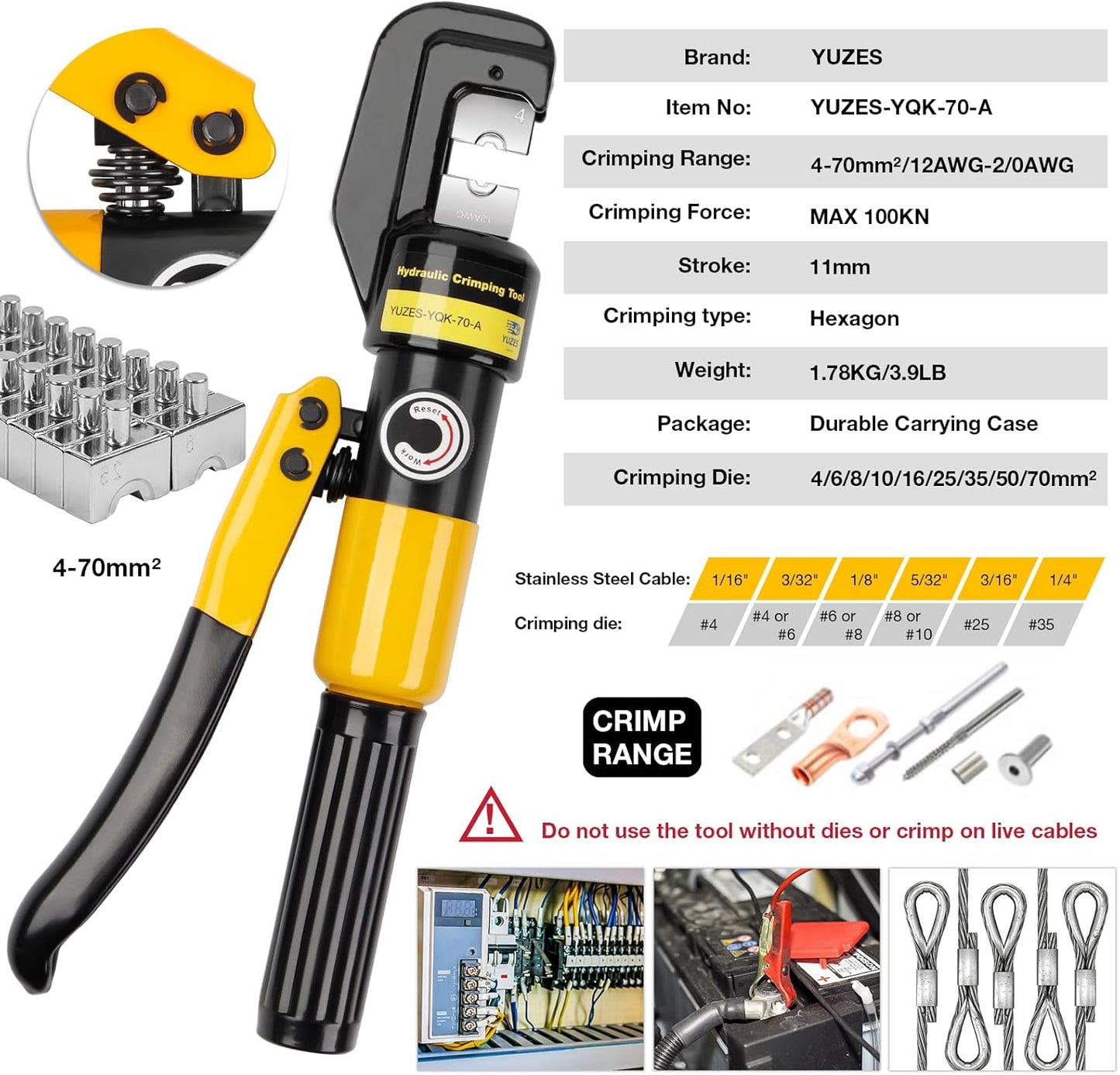 Hydraulic Cable Lug Crimper 10 Ton & Cutter Kit with 9 Dies, 12 AWG to 2/0