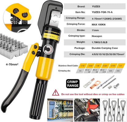 Hydraulic Cable Lug Crimper 10 Ton & Cutter Kit with 9 Dies, 12 AWG to 2/0