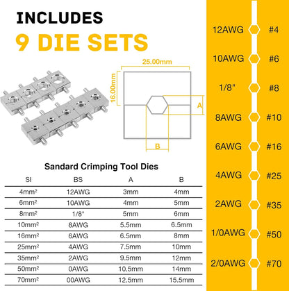 Hydraulic Cable Lug Crimper 10 Ton & Cutter Kit with 9 Dies, 12 AWG to 2/0