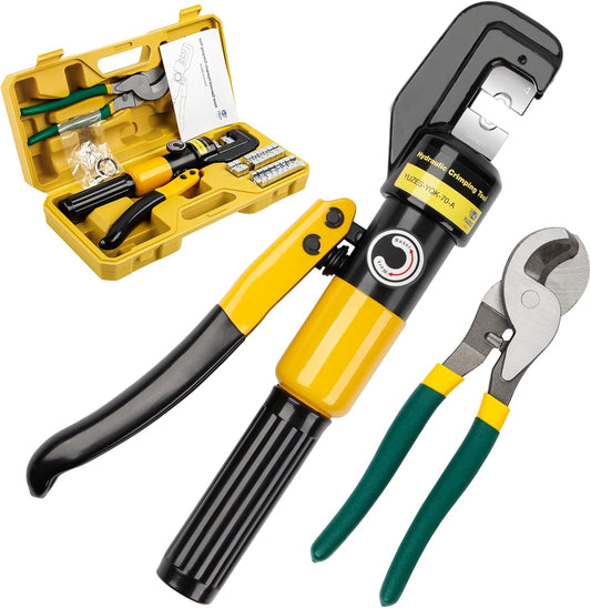 Hydraulic Cable Lug Crimper 10 Ton & Cutter Kit with 9 Dies, 12 AWG to 2/0