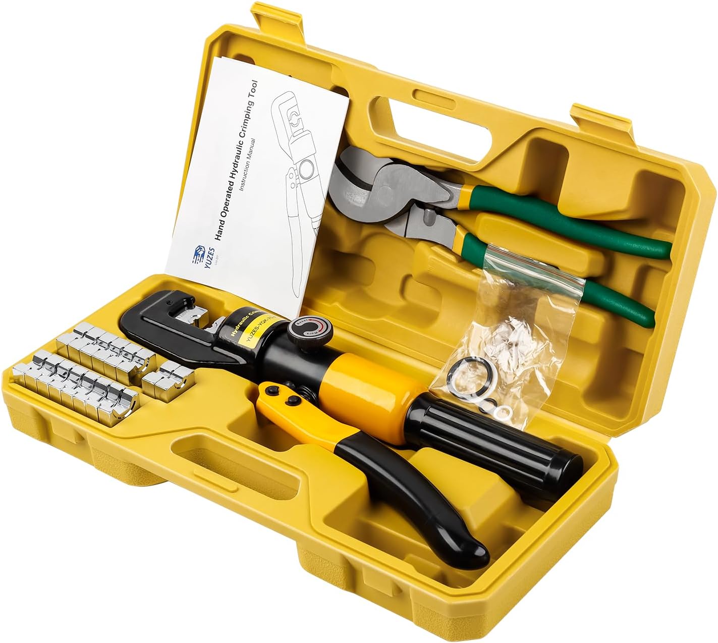 Hydraulic Cable Lug Crimper 10 Ton & Cutter Kit with 9 Dies, 12 AWG to 2/0