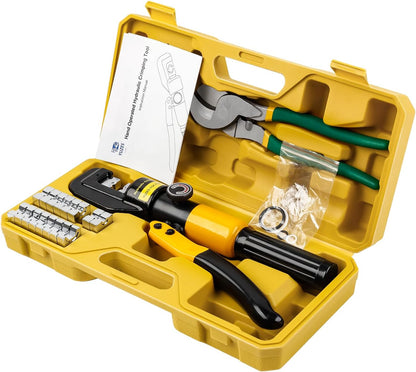 Hydraulic Cable Lug Crimper 10 Ton & Cutter Kit with 9 Dies, 12 AWG to 2/0
