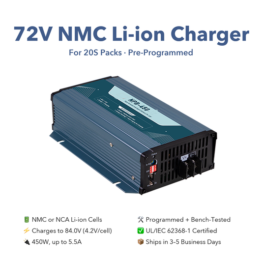 72V Li-ion NMC / NCA Battery Charger for 20S Packs, 84V, E-Bike / Trike / Golf Cart