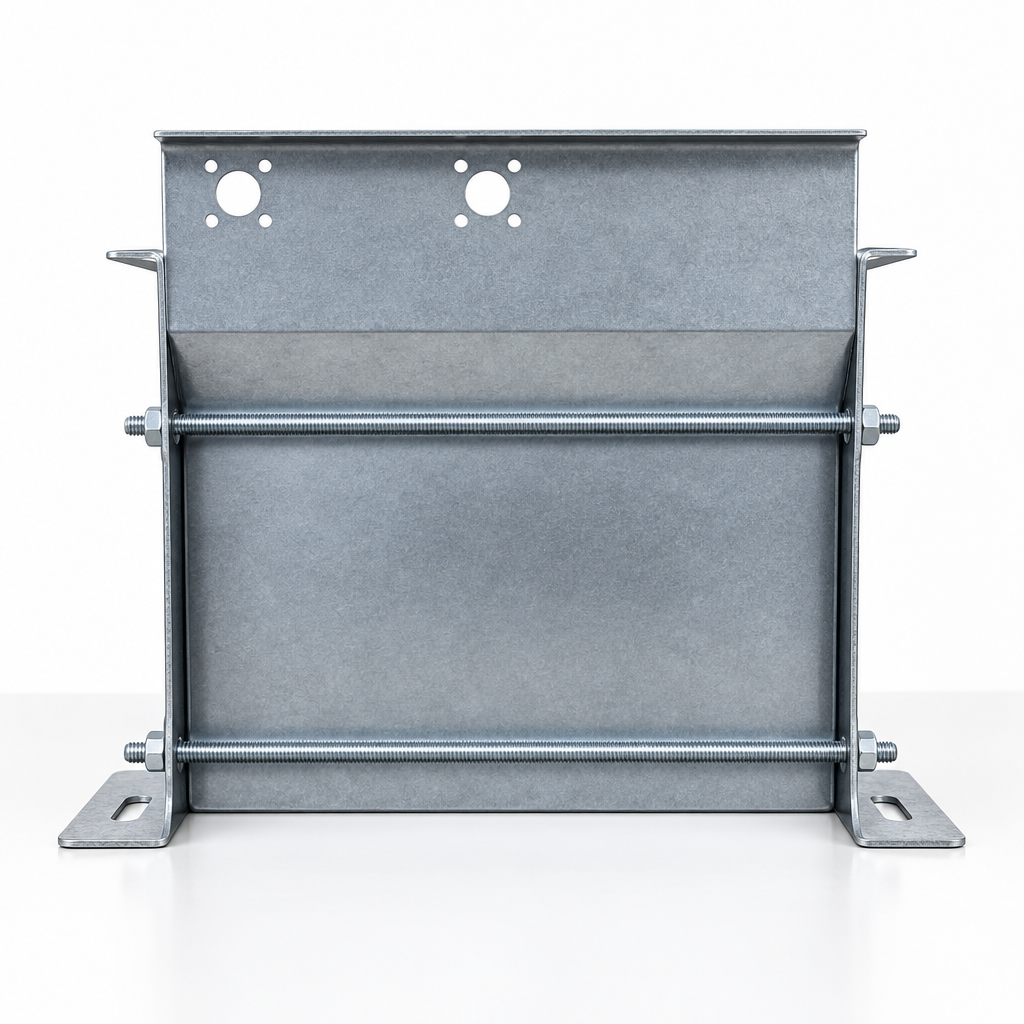 Galvanized steel mounting bracket with two horizontal threaded rods and bolt connectors, shown from the back on a clean white background.