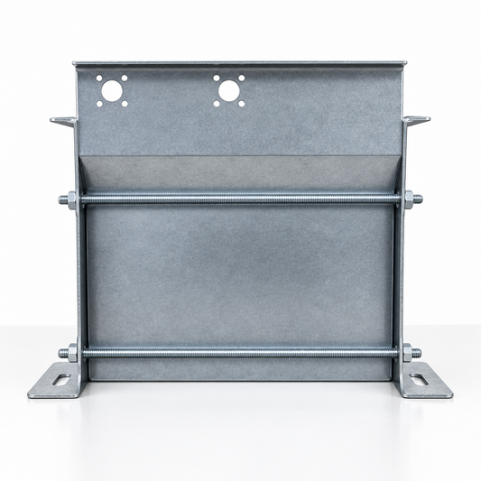 Galvanized steel mounting bracket with two horizontal threaded rods and bolt connectors, shown from the back on a clean white background.