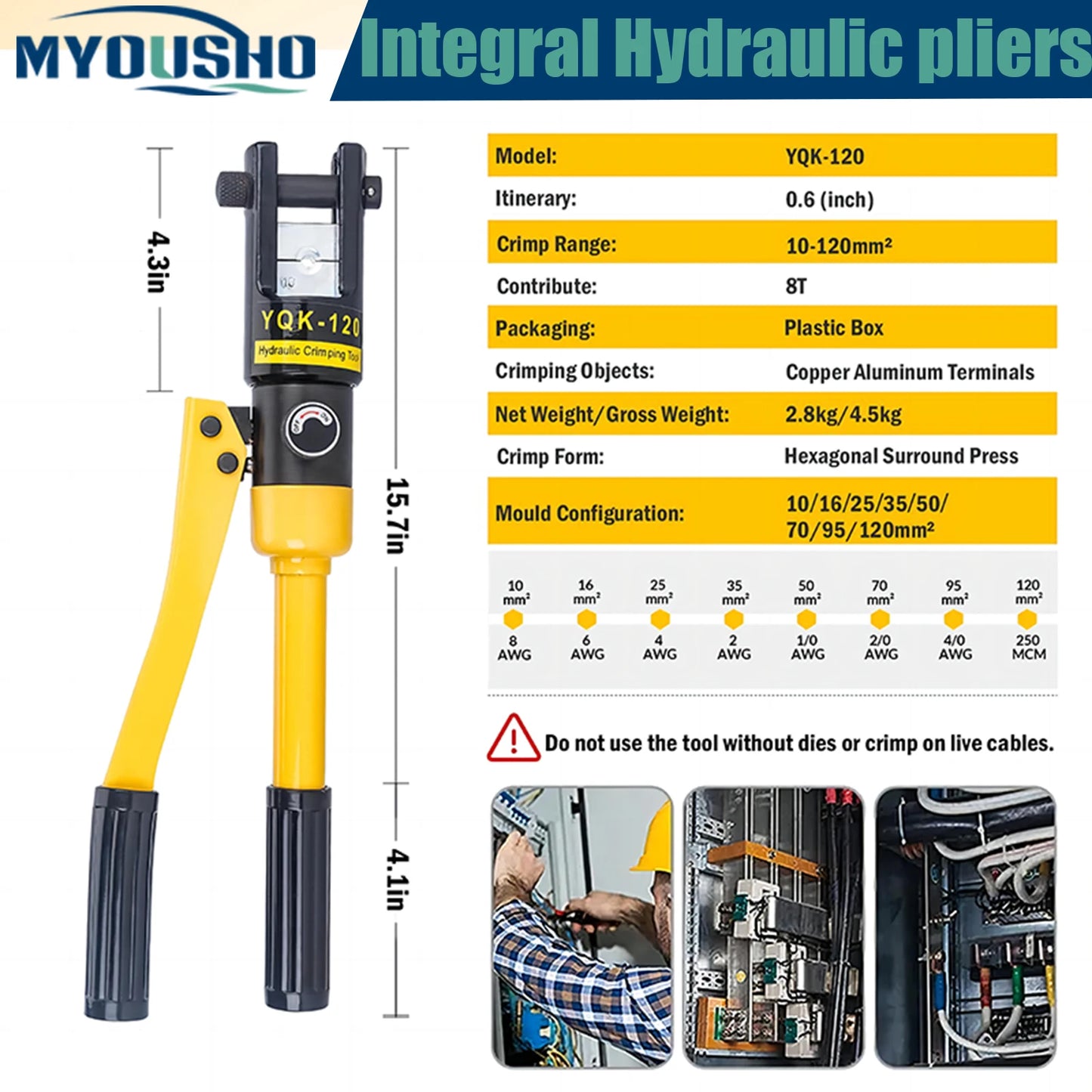 Hydraulic Crimping Tool for Large Cables 8 AWG to 4/0 AWG (10-120mm2)