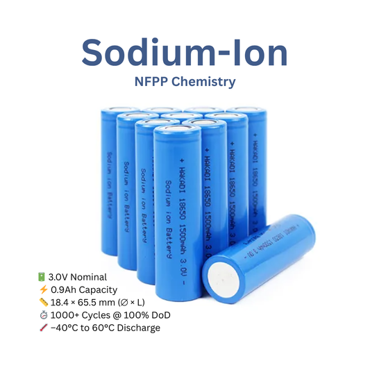 Blue sodium-ion batteries with specifications on a white background