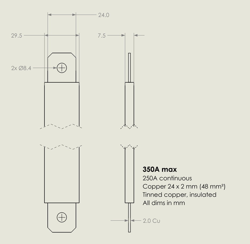 Insulated Flexible Copper Busbar for Battery Packs, 150A to 350A Continuous